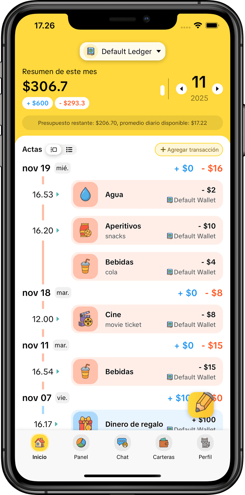 Interfaz de línea de tiempo visual de MoneyKu